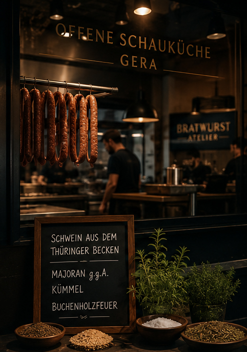 Offene Schauküche des Bratwurst Atelier in Gera mit hängenden Würsten