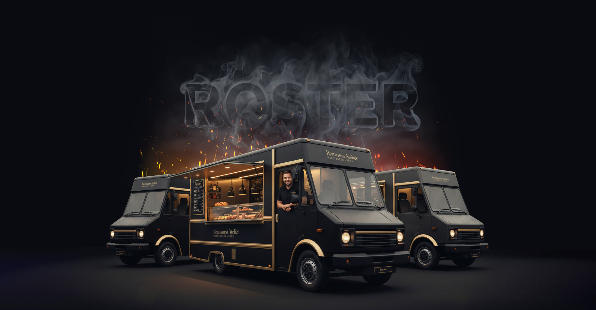 Drei schwarz-goldene Foodtrucks des Bratwurst Atelier mit offener Verkaufsklappe und Inhaber